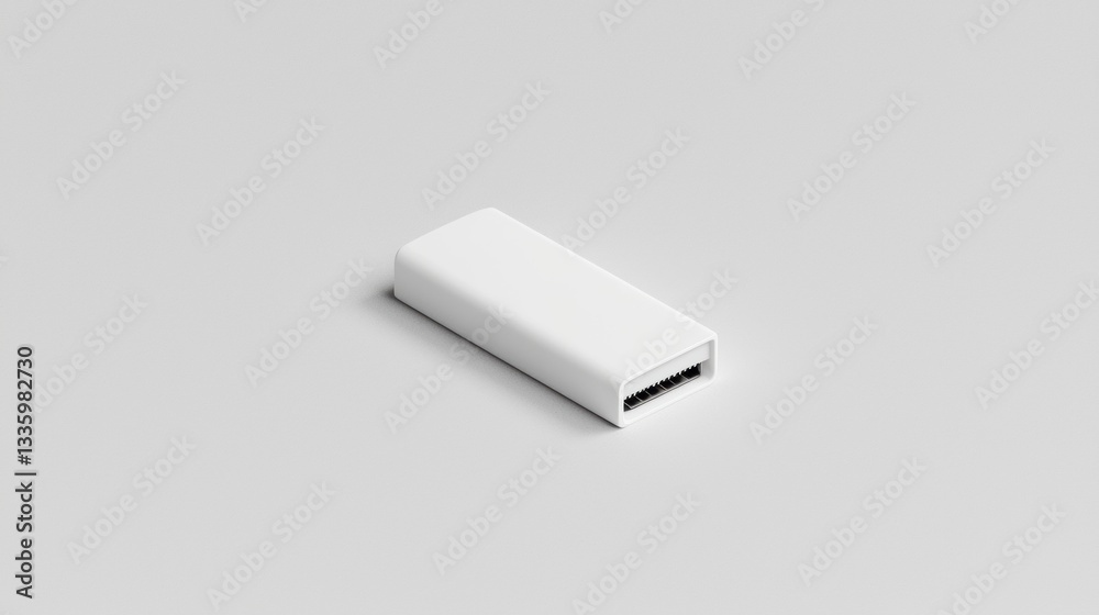 A white rectangular object with a black connector on the right side. A white rectangular object with a black connector on the right side.