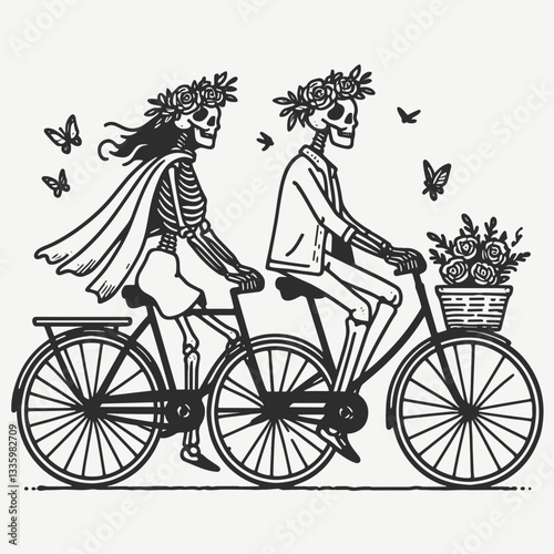 Skeleton couple wear flower crown riding a bicycle together minimalist monochrome vector graphic illustration of a whimsical afterlife romance