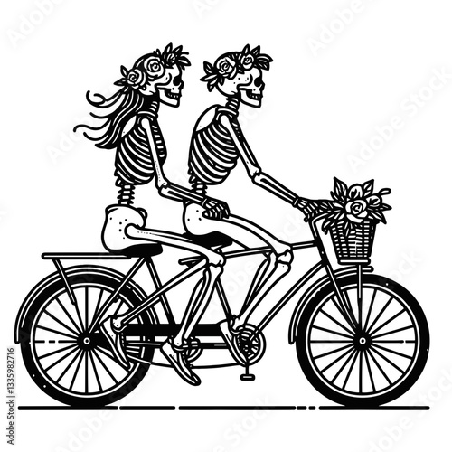 Skeleton couple wear flower crown riding a bicycle together minimalist graphic showcasing whimsical afterlife romance