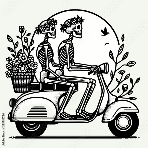 Skeleton couple wear flower crown ride retro scooter minimalist vector graphic a whimsical autumn scene