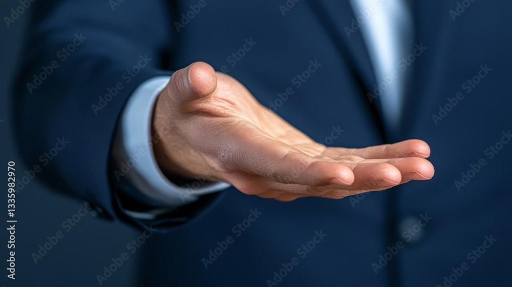 Fototapeta premium Businessman in suit extends hand, a symbol of partnership, deal, and agreement in the corporate world