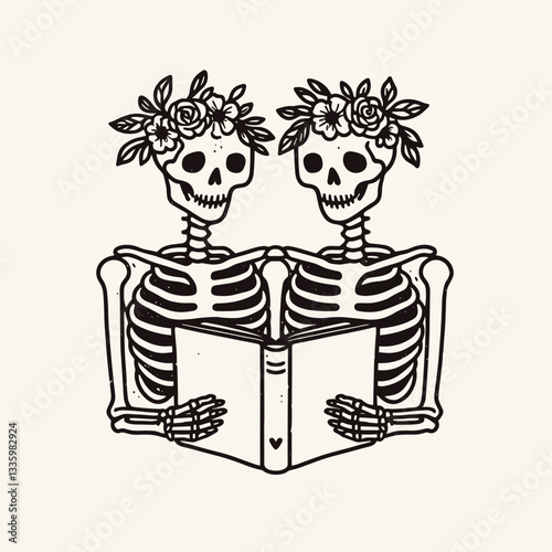 Skeleton couple wear flower crown reading together a minimalist vector drawing of love and afterlife.