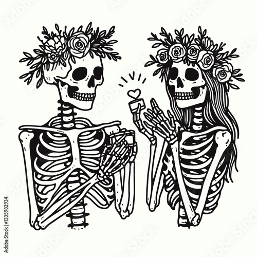 Skeleton couple wear flower crown proposal pose minimalist silhouette graphic drawing a romantic undead love story