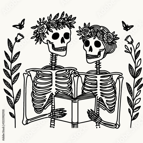 Skeleton couple wear flower crown reading together a whimsical minimalist vector illustration of love and the afterlife.