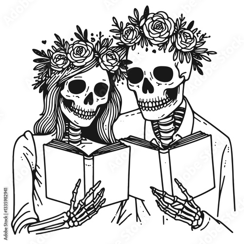 Skeleton couple wear flower crown reading together a whimsical minimalist graphic of love beyond life