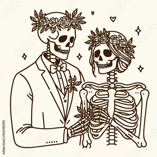 Skeleton couple wear flower crown proposal pose minimalist silhouette drawing a romantic gothic love story