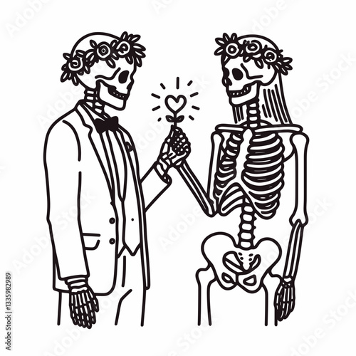 Skeleton couple wear flower crown proposal pose minimalist graphic drawing a romantic undead love story