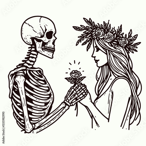 Skeleton couple wear flower crown proposal moment minimalist vector graphic a sweet gothic romance unfolds