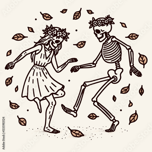 Skeleton couple wear flower crown playing with autumn leaves minimalist graphic illustrating a whimsical autumn romance