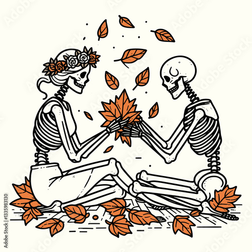Skeleton couple wear flower crown playing with autumn leaves minimalist graphic design depicting love in the fall