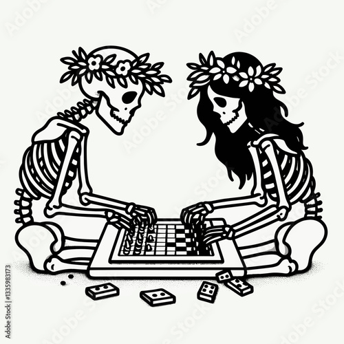 Skeleton couple wear flower crown playing games together a minimalist vector graphic depicts their whimsical afterlife fun.