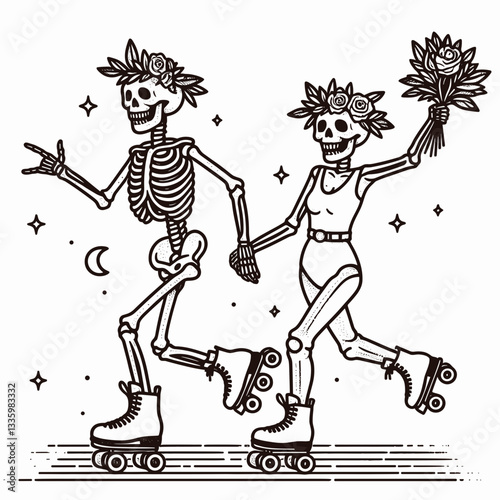Skeleton couple wear flower crown play roller skate minimalist vector graphic showing spooky romance