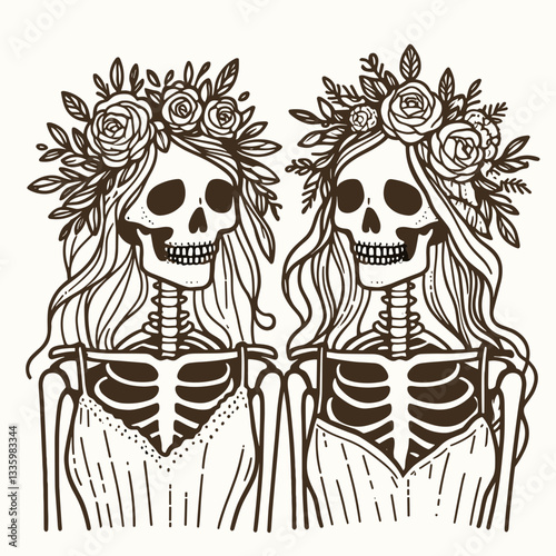 Skeleton couple wear flower crown peeking out a minimalist doodle heart