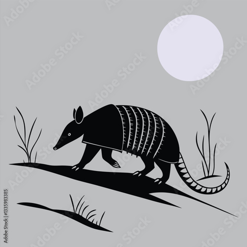 n armadillo walking under the moonlight silhouette vector design art and illustration