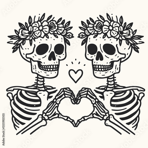 Skeleton couple wear flower crown making a heart shape with hands together minimalist vector illustration of love and loss.