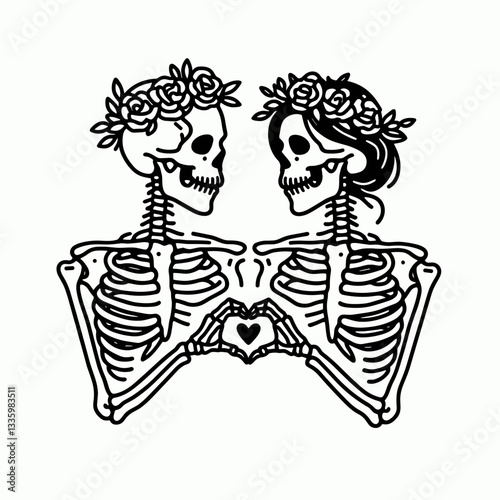 Skeleton couple wear flower crown making a heart shape with hands together minimalist vector graphic illustration of love and affection
