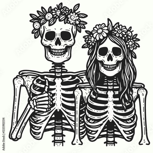 Skeleton couple wear flower crown making a thumb up gesture in a minimalist vector drawing shows spooky romance