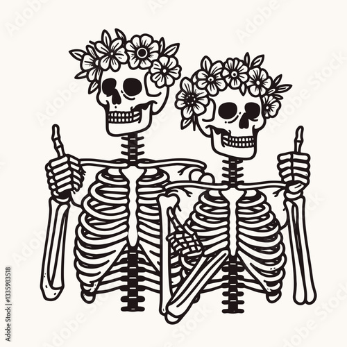 Skeleton couple wear flower crown making a thumb up gesture minimalist vector graphic showcasing love beyond the grave