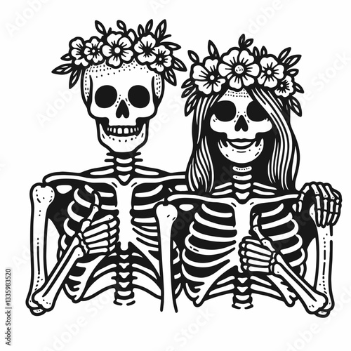 Skeleton couple wear flower crown making a thumb up gesture minimalist vector illustration depicting love and afterlife joy