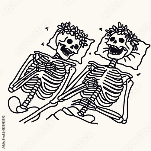 Skeleton couple wear flower crown lying down on stomach laughing together a minimalist monochrome vector drawing shows blissful afterlife love.