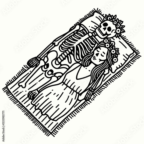 Skeleton couple wear flower crown laying on a blanket minimalist vector graphic showcasing love's enduring nature.