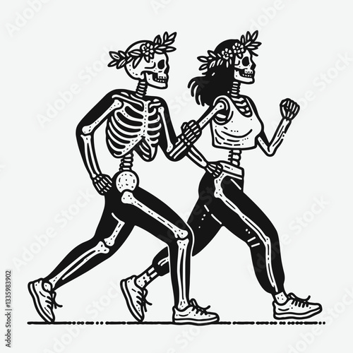 Skeleton couple wear flower crown jogging through a moonlit meadow a minimalist vector graphic.
