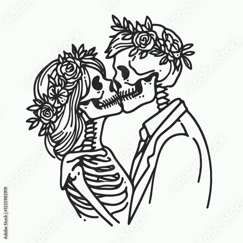 Skeleton couple wear flower crown intimate forehead kiss minimalist vector drawing a gothic romance
