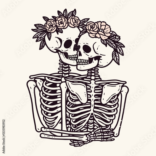 Skeleton couple wear flower crown incorporating flowers minimalist vector graphic showcasing whimsical love.
