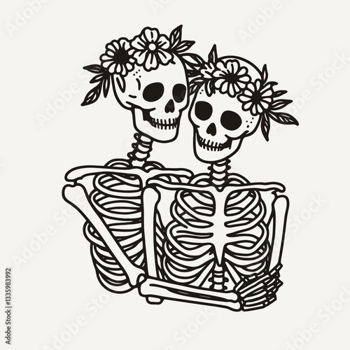 Skeleton couple wear flower crown hugging minimalist vector graphic showing love in the afterlife.