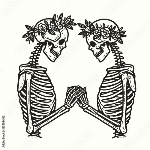 Skeleton couple wear flower crown holding hands minimalist graphic illustration depicting love beyond life.