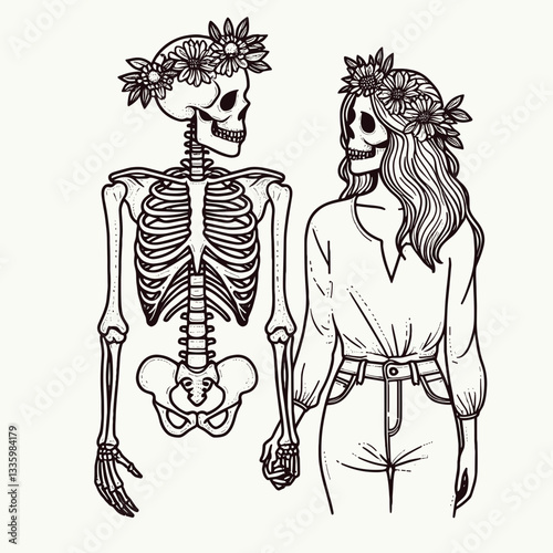 Skeleton couple wear flower crown holding hands minimalist graphic a romantic gothic illustration