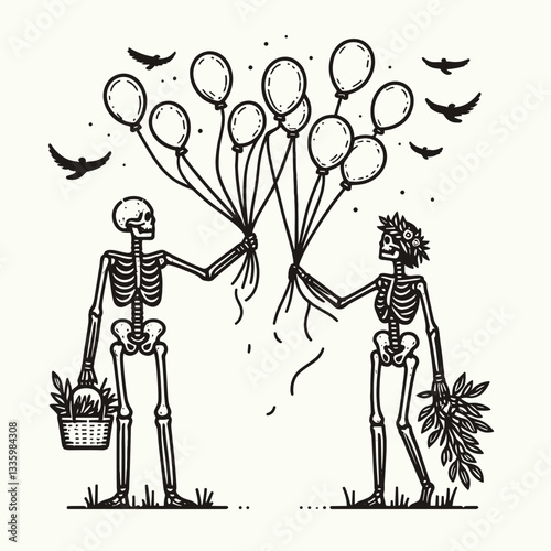 Skeleton couple wear flower crown holding balloons releasing them together creating a whimsical minimalist vector graphic.