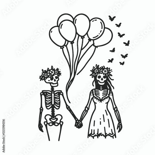 Skeleton couple wear flower crown holding balloons releasing them together minimalist vector graphic a whimsical afterlife celebration
