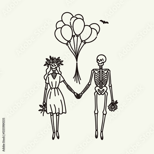 Skeleton couple wear flower crown holding balloons releasing them together a minimalist graphic design shows their whimsical afterlife romance