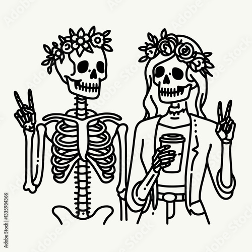 Skeleton couple wear flower crown hold coffee mug drink coffee minimalist vector graphic enjoying a quiet autumn morning