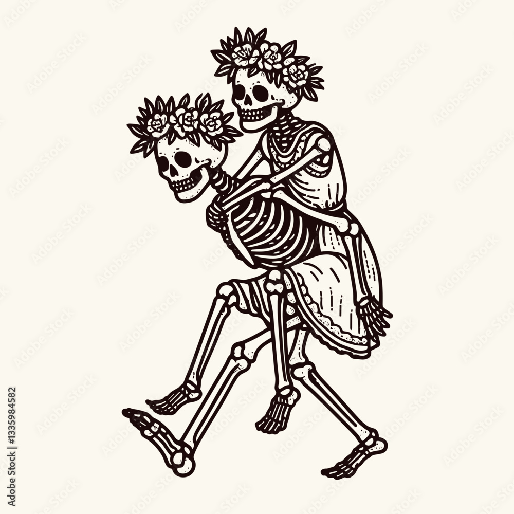 Fototapeta premium Skeleton couple wear flower crown giving a piggyback ride minimalist vector drawing a romantic autumn scene