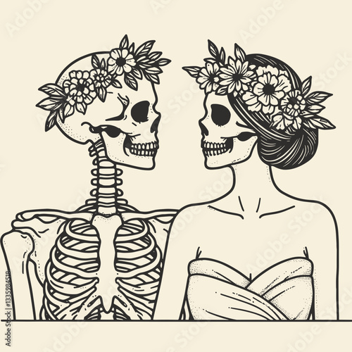 Skeleton couple wear flower crown having a spa day minimalist vector drawing of bone-chilling relaxation
