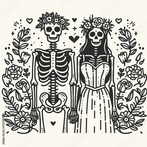 Skeleton couple wear flower crown handmade love symbol minimalist vector graphic depicting eternal affection.
