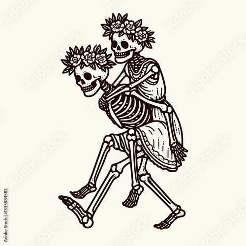 Skeleton couple wear flower crown giving a piggyback ride minimalist vector drawing a romantic autumn scene