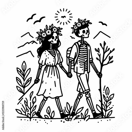 Skeleton couple wear flower crown exploring nature's beauty a minimalist vector drawing.