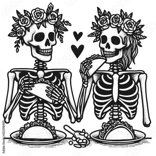 Skeleton couple wear flower crown eat taco minimalist vector graphic a romantic Day of the Dead feast
