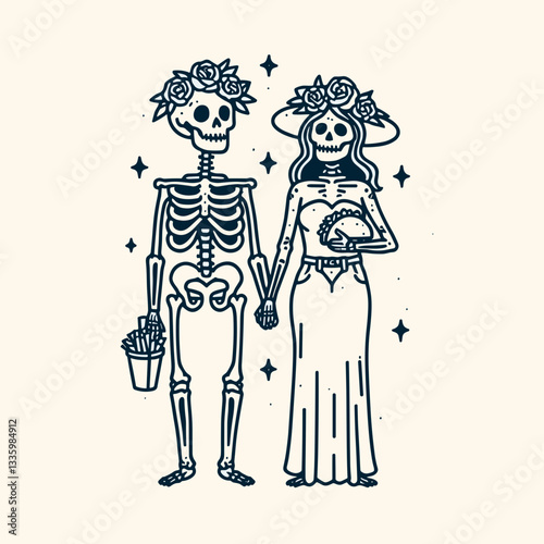 Skeleton couple wear flower crown eat taco minimalist vector graphic  lovingly sharing a festive meal