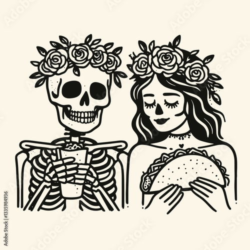 Skeleton couple wear flower crown eat taco minimalist vector graphic illustration of a whimsical undead picnic