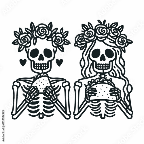 Skeleton couple wear flower crown eat taco minimalist vector drawing of bony lovers enjoying a festive meal