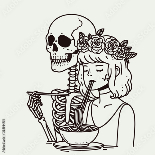 Skeleton couple wear flower crown eat ramen doodle a whimsical minimalist graphic of bony lovers enjoying a noodle feast