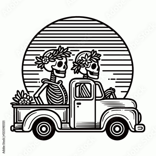 Skeleton couple wear flower crown drive retro truck minimalist vector graphic across a blooming meadow