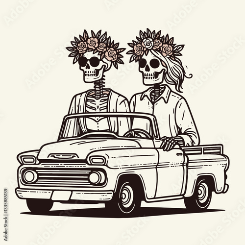 Skeleton couple wear flower crown drive retro truck minimalist vector graphic down a sun-drenched highway