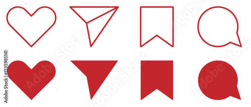 Icons like comment, share, save, like media button. Outline icon heart arrow direct message interface message minimalist. Set of social network user interface button icons on white background. 