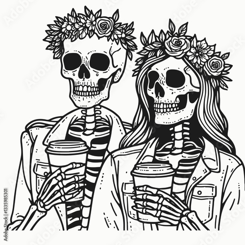 Skeleton couple wear flower crown drinking coffee together minimalist vector graphic shows love beyond life.