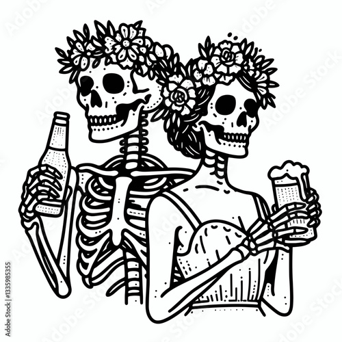Skeleton couple wear flower crown drink beer minimalist vector illustration depicting a spooky yet romantic autumn scene